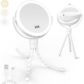 Kintion Lighted Makeup Mirror, 1X/10X Double Sided LED Magnifying Mirror, 3 Color Lights Touch Dimmable Rechargeable Portable Travel Makeup Mirror with Detachable Stand,White