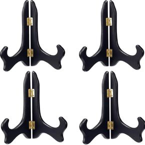 VERNUOS 4 pcs 6 Inch Wooden Display Stand Plate Holder Easels Dish Rack Photo Frame Holder for Wedding Decorations, Birthday Party and Home Decoration,Black