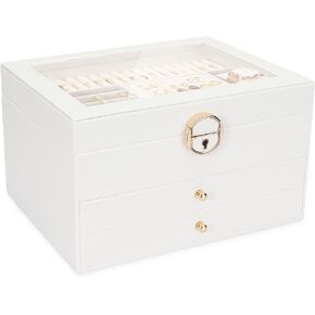 Jewelry Organizer Box with Glass Window, 3 Layer 2 Drawers for Necklaces Bracelets Rings Earring Holder Organizer, PU Leather Jewelry Storage Case Gifts for Women, Girls