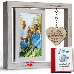 House Warming Picture Frame Gift for Women, Couple, Homeowners, Housewarming Gifts New Home, New Home New Beginning Picture Frame, First Home Christmas Rotating Floating Picture Frame 4x6 with Card