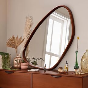 Irregular Wall Mirror, 17.5"x28" Farmhouse Asymmetrical Mirror, Decorative Wooden Abstract Mirrors for Wall, Wall Mounted Bathroom Mirror for Living Room Bedroom Entryway Bathroom, Walnut