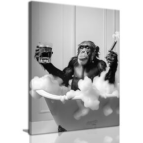 OIQArtOIQ Framed Bathroom Decor Wall Art Funny Chimpanzee in Bathtub Canvas Painting Prints Black and White Humor Animal Picture Cute Animals Poster for Restroom Bathroom