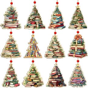 12 Pieces Christmas Tree Book Ornament Book Lovers Gifts Christmas Tree Decoration Wooden Crafts 3D Design Christmas Hanging Decor for Xmas Tree Decorations