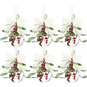 Artificial Mistletoe Pick Mistletoe Christmas Decoration with Berries and White Ribbon Bow Faux Mistletoe Hanging Mistletoe Kissing Ball for Christmas Tree Ornament Party Decor (Red White,2 Pieces)