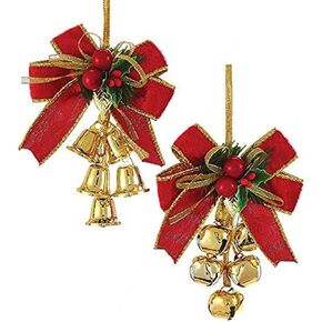 Red and Gold Bow With Bells Ornaments, 2 Assorted