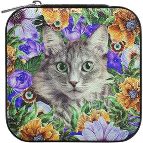 Cat Animal Floral Wreath Small Jewelry Box Mini Jewelry Case Travel Jewelry Organizer for Women Girls