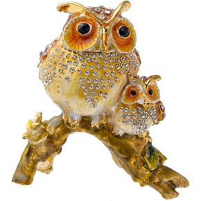 Owls Figurine Home Decor Birds On Tree Crystal Golden Enameled Animal Trinket Box Gifts for Owl Lovers