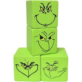 Christmas Wooden Table Sign - 4 Pieces Green Face Wooden Blocks Xmas Centerpieces for Table - Christmas Tiered Tray Decor for Home Christmas Decorations Indoor