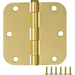 Door Hinges for Interior Doors 12-Pack 3.5-inch x 3.5-inch – Rounded 5/8-inch Radius Steel Door Hinge – Satin Brass – Fits Standard Doors – Design House 189795