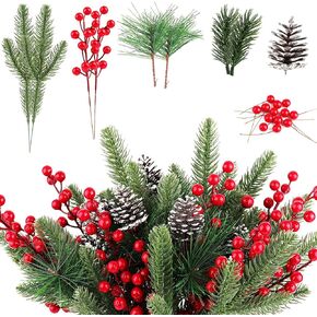 150PCS Artificial Pine Cones Branch Set, Kalolary Assorted Artificial Pine Needles Branches Snowy Christmas Tree Floral Twig Picks Christmas Red Holly Berry Stems for Xmas Winter Party DIY Craft Decor