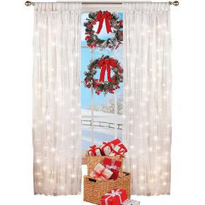 Collections Etc Light Up Magical Sheer Window Curtain Panel, White Lights All Over, Gorgeous Holiday and Winter Cheer, Red