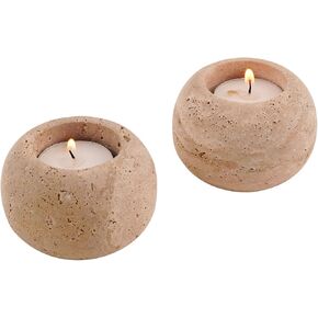 Travertine Tealight Candle Holder 3'' Set of 2 Handmade Candle Container for Votive Candles - Scented Candle Holder for Dining and Kitchen Decor