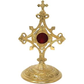 Needzo Small Brass Monstrance, Cross Shaped Reliquary, Catholic Church Supplies, 9 Inches