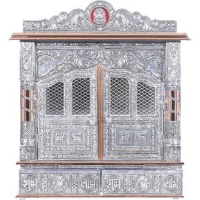 Silver Mandir for Home - Copper Oxidized - with Door, Large (W 13 X L 25 X H 26)