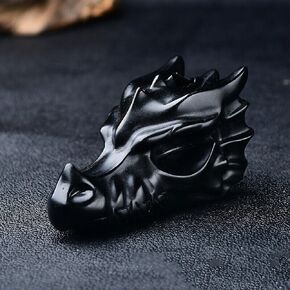 TEAMWILL 2" Natural Obsidian Crystal Dragon Head Statue Realistic Black Dragon Head Figurines Animal Sculpture Stone Statue Decor