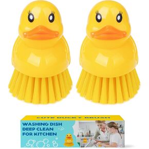 GTOTd Cute Ducky Washing Dish Brush（2 Pack） Ergonomic Palm Scrubber with Handle for Potato Vegetable Fruit Kitchen Household Cleaning Dishwashing Supplies