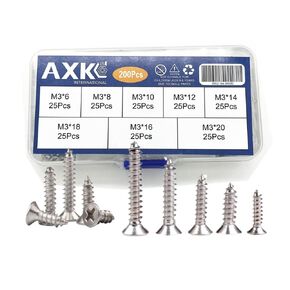 AXK 200pcs/set Countersunk Flat Head Tapping Screws with Cross recessed M3 Screws Philips Screw Stainless Steel Wood Screws