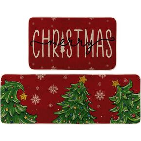 Xmas Tree Snowflakes Red Merry Christmas Kitchen Rugs Set of 2, Winter Xmas Home Decor Low-Profile Kitchen Mats for Floor - 17x29 and 17x47 Inch