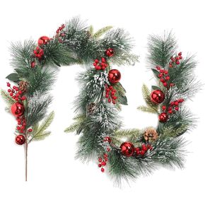 6FT Artificial Christmas Garlands, Xmas Garland with Holly Berries Pinecones Pine Needle Red Christmas Balls for Front Door Fireplace Table Centerpiece Outdoor Decor