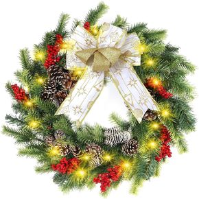 Artificial Christmas Wreath 20'', Christmas Wreath with Lights, Christmas Door Wreath with Bow Lifelike Pine Cones Berries for Indoor Outdoor Wall Windows Decor