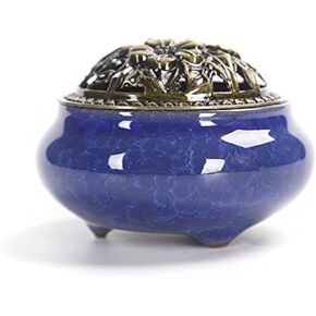 Incense Burner Bowl with Brass Lid + Incense Holder + Stand + Fire Mat for Stick or Tapered Disk Incense, for Home Decor Yoga Spa Meditation 4‘’ (Royal Blue)