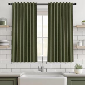 Blackout Linen Curtains 54 Inches Long Blackout Curtains Back Tab/Clip Rings Thermal Insulated Short Drapes Black Out Curtains for Bathroom Small Window 2 Panels 52W