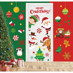 Merry Christmas Door Stickers Large Xmas Tree Snowman Reindeer Decals Mural Stickers for Home Refrigerator Wall Window Decor, 35.4 x 11.8 Inch, 3 Rolls