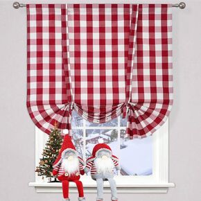 WUBODTI Christmas Red and White Curtains Buffalo Plaid Tie Up Roman Curtains 63 Inches Long for Kitchen Small Windows, Adjustable Check Gingham Balloon Shade Curtain for Farmhouse Bathroom