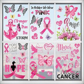9 Sheets Breast Cancer Window Clings Breast Cancer Awareness Window Decals Pink Ribbon Static Window Stickers Hope Fight Cancer Theme Indoor Decor for Breast Cancer Awareness Supplies Party Decoration