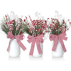 3 Christmas Mason Jars Decorations, Red Berry Candy Mason Jar Christmas Centerpieces for Tables, Holiday Mason Jar Decor for Dining Coffee Table Xmas Winter Holiday New Year Home Ornament