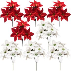 8 Pack 7 Heads Christmas Artificial Poinsettia Flowers Faux Poinsettia Bush Bouquets Silk Poinsettia Christmas Tree Ornaments Poinsettia Flowers Arrangement for Xmas Holiday Decor(White)
