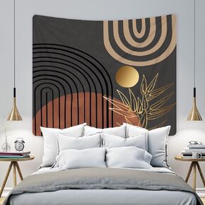 KOMLLEX Abstract Mid Century Tapestry 59Wx51H Boho Neutral Men Wall Hanging Arch Sun Leaves Minimalist Modern Geometric Simple Black Brown Gold Home Decor Art for Living Room Bedroom Dorm