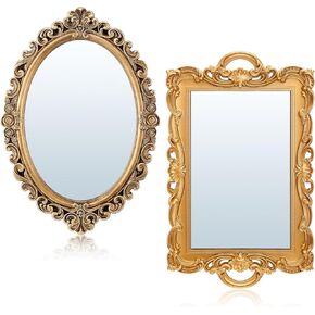 2 Pcs Retro Gold Mirror Set Including 12.6" x 9.1" Oval Antique Decorative Mirror 15.4" x 9.7" Square Antique Gold Mirror Tabletop Makeup Mirror for Bedrooms Living Room Dresser Decorations