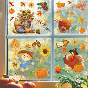 Window Clings Fall Stickers Thanksgiving Window Stickers Holiday Pumpkin Maple Leaves Turkey Cling for Glass Window Thanksgiving Decorations for Home Party 101 PCS (AU02)