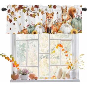 Fall Valances for Windows, Thanksgiving Fox Squirrel Pumpkin Valance Curtains for Living Room Bedroom Rod Pocket Maple Leaf Fall Window Treatment Valances Autumn Curtain 54" W x 18" L, 1 Panel