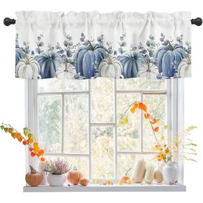 Fall Thanksgiving Valances Window Treatment Farmhouse Decor, Grey Blue Pumpkin Weeping Eucalyptus Leaves Rod Pocket Valance Curtains for Living Room, Bedroom, Kitchen, 60" W x 18" L - 1 Panel