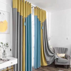 Amidoudou 1 Pair Splicing Curtains for Living Room Bedroom Three Color Combination Curtains with Valance and Tassel (Yellow Blue and Grey,54x96 Inch)