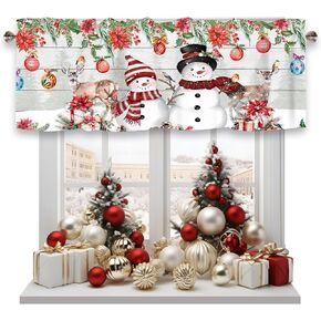 Christmas Curtain Valance for Windows Snowflake Snowman with Christmas Tree Winter Holiday Rustic Wood Window Treatments 1 Panel Short Curtains for Kitchen Windows Bathroom Bedroom,54 x 18 Inch