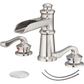 BWE Waterfall Widespread Bathroom Faucet 3 Hole Sink Farmhouse with Oil Rubbed Bronze Bath Bathtub Faucets Pop Up Drain Stopper Assembly and Supply Line Lead-Free 8-16 Inch 2 Handle Vanity Lavatory