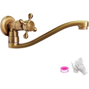 Outdoor Wall Mounted Faucet, Vintage Antique Brass Cold Water Sink Faucet, 360° Swivel Brushed Cross Single Handle Faucet Long Faucet for Bathroom Kitchen Garden Faucets G1/2