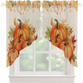 Thanksgiving Pumpkin Swag Curtains 36 Inch Length 2 Panels Set, Semi-Sheer Curtain Drapes Rod Pocket Valance for Kitchen,Living Room,Bedroom,Bathroom,Cafe Window Watercolor Orange Art 72" Wx36 L