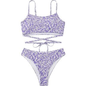 Floerns Women's 2 Piece Ditsy Floral Print Criss Cross Tie Back Bikini Swimsuit Set