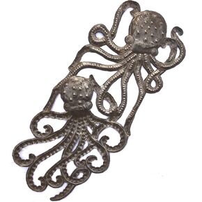Handmade Octopus, Seal Life Nautical Artwork, Recycled Metal Ocean Wall Art, Haiti Steel Drum Indoor Outdoor 7.5 x 17.25 Inches