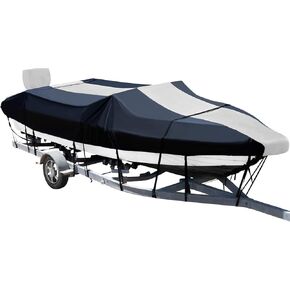 XYZCTEM Marine Grade Waterproof Heavy Duty UV Resistant Boat Cover Fits V-Hull,Fishing Boat,Runabout,Fish&Ski,Pro-Style,Bass Boat(Black&Gray) (23'-24' Long,Beam Width up to 102")