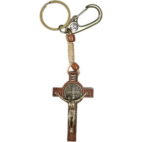 Catholica Shop Saint Benedict Wooden Crucifix Keychain Holder 2.6 Inches Long Antique Gold Tone Finishing. Made in Brazil