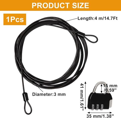 4FT Security Cable Lock 3mm Braided Steel Coated Safety Cable Luggage Lock, Flexible Steel Cable Wire Rope Double Loops for Outdoor, Clothesline, Black (4 Pack) in Kuwait