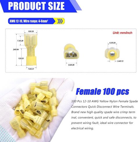 Twidec/100PCS Nylon Spade Connectors Kit 12-10 Gauge Quick Disconnect Fully Insulated Female Wire Spade Terminal Assortment Kit Yellow N-066-Y-Fe in Saudi Arabia