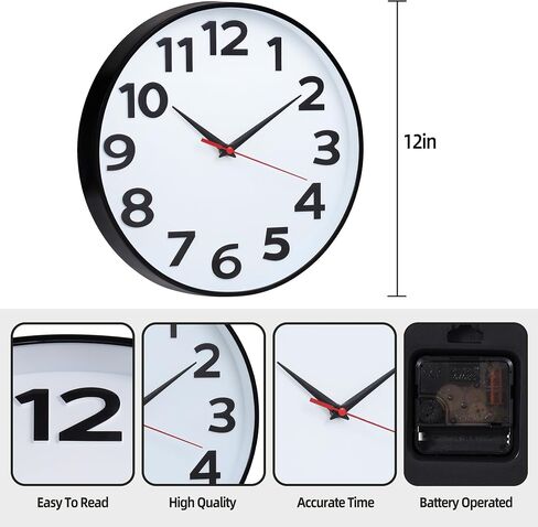 Wall Clock Battery Operated 12in Black, Silent Non Ticking, Simple Style, Decorative Modern Wall Clocks for Living Room Bedroom Kitchen Office in Saudi Arabia