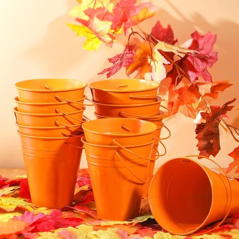 12 Pack Halloween Galvanized Buckets, Metal Bucket with Handle, 5 Inch, Tin, Mini Round Flower Pot Plant Basket, Party Supplies for Christmas Halloween Candy Bars Vase Crafts Favors(Orange) in Kuwait