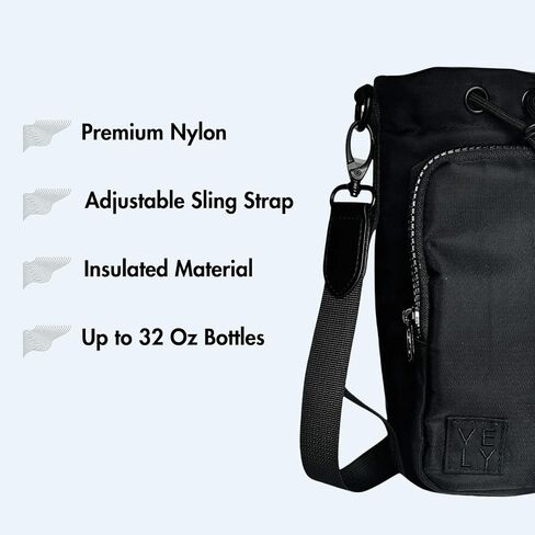 Water Bottle Bag with Strap | Premium Nylon | Insulated Water Bottle Holder with Phone Pocket | Water Bottle Carrier Up To 32 oz | Water Bottle Crossbody Bag for Hiking Walking Traveling Gym (Black) in Saudi Arabia